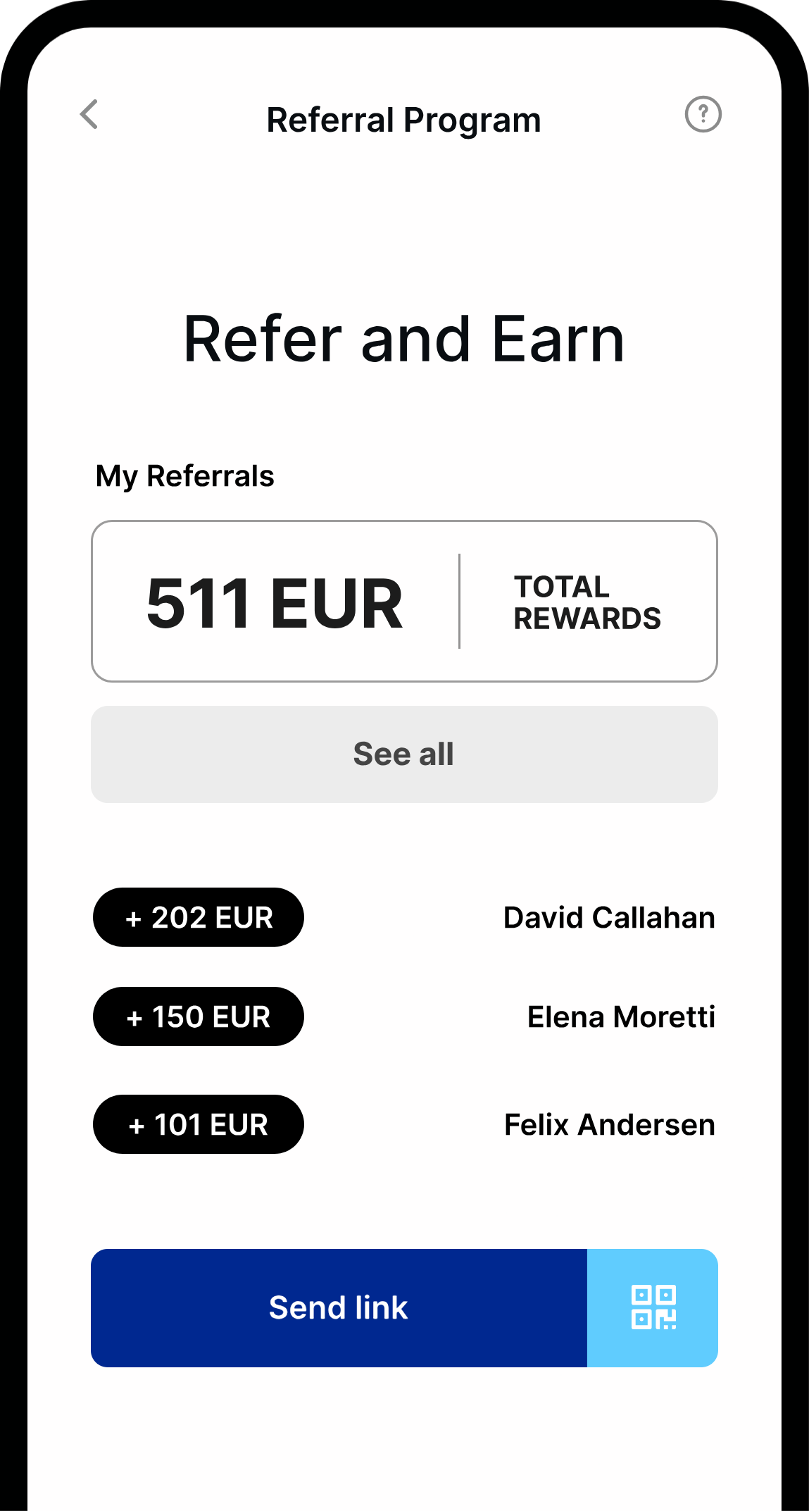 Animation showing rewards for referrals on a mobile phone